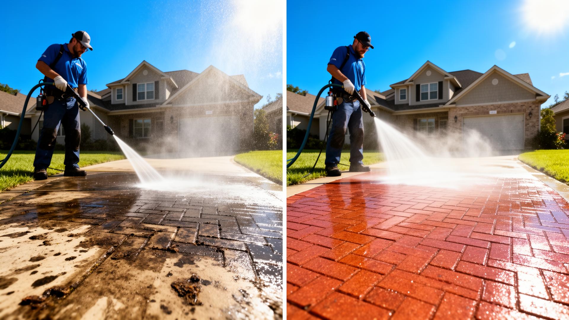 Power washing specialist cleaning a brick driveway